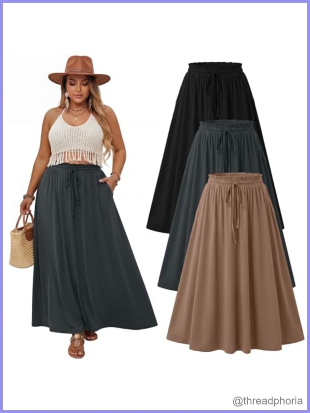 Plus Size Maxi Skirt 3 Pack A-Line Drawstring Pockets Flowy Long Skirt